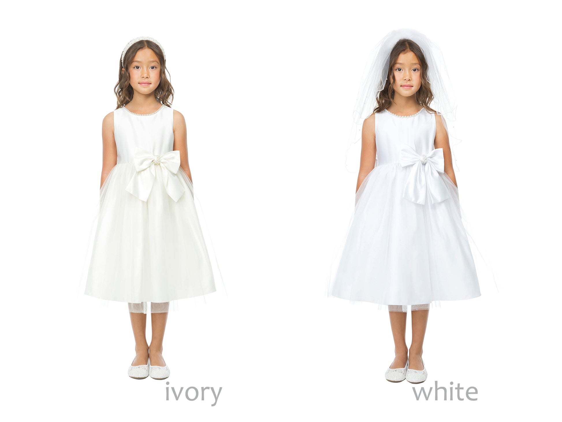 White USA Made | Pearl Neckline & Pearl detail Bow Satin and Tulle Flower Girl Dress - 2 images of girl wearing dress, one ivory and one white