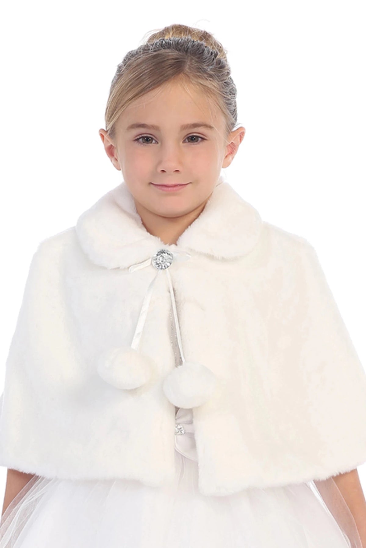 White plush cape with rounded collar and soft plush texture.