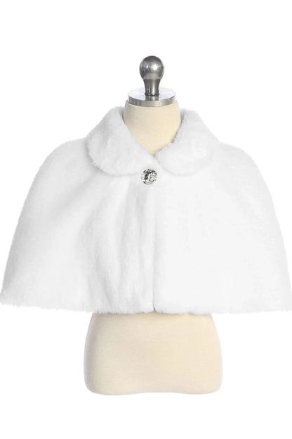 White faux fur cape with soft collar and a rhinestone accent.