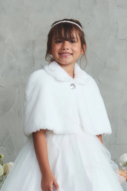 Rhinestone accent at the collar of the White faux fur cape.