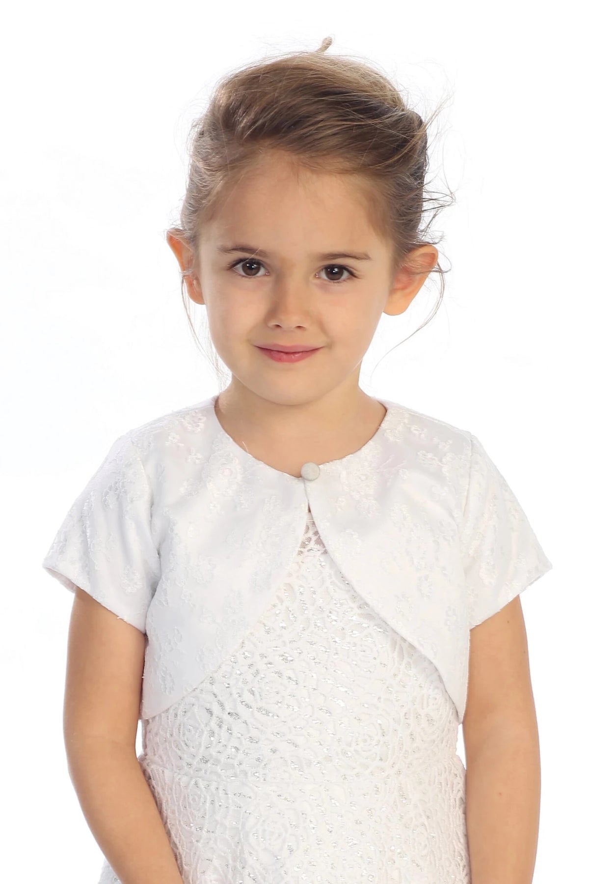White lace bolero jacket with short sleeves and a bridal button closure.