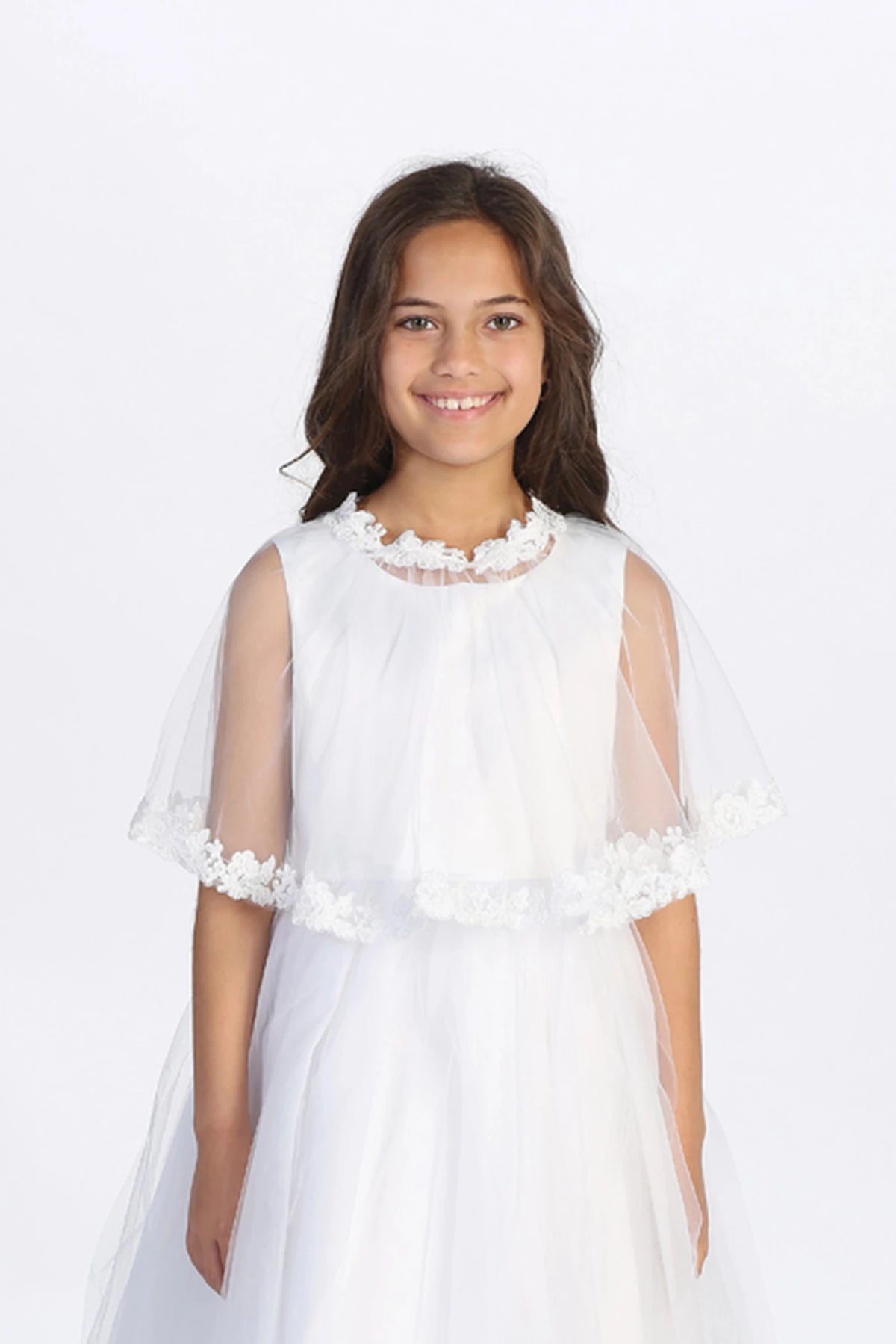 White tulle cape with sheer tulle and lace trim.