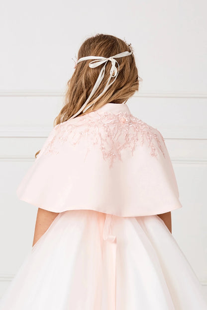 Floral appliqué decorates the back neckline of the Blush satin cape.