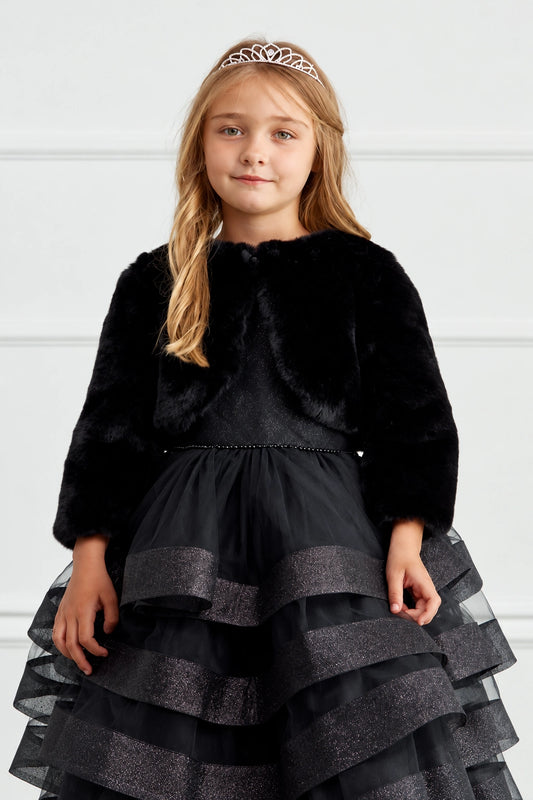 Black faux fur flower girl bolero jacket with three-quarter sleeves.