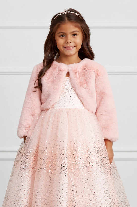 Blush faux fur flower girl bolero jacket with three-quarter sleeves.