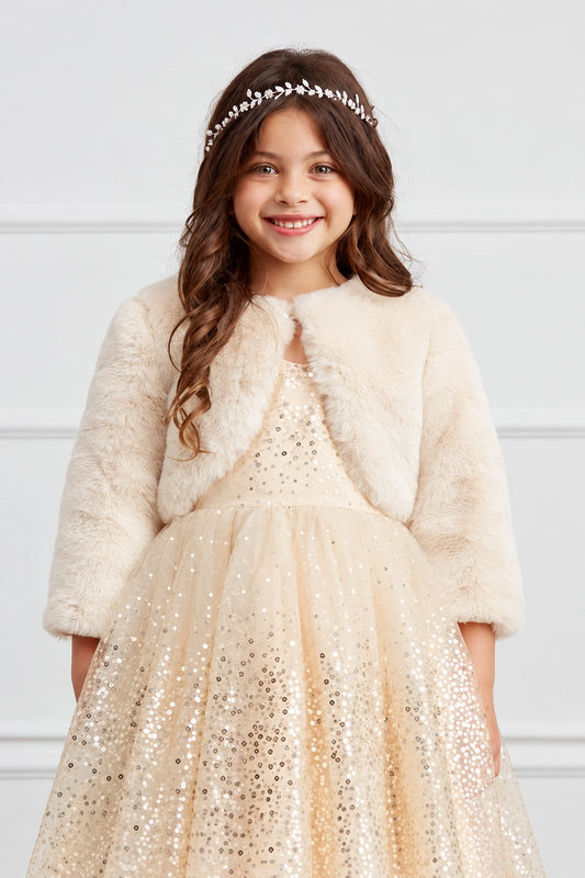 Champagne faux fur flower girl bolero jacket with three-quarter sleeves.