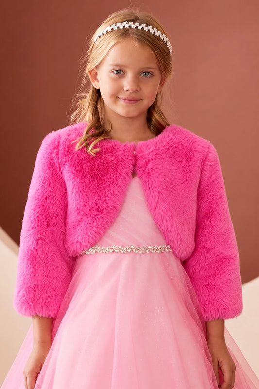 Hot Pink faux fur flower girl bolero jacket with three-quarter sleeves.