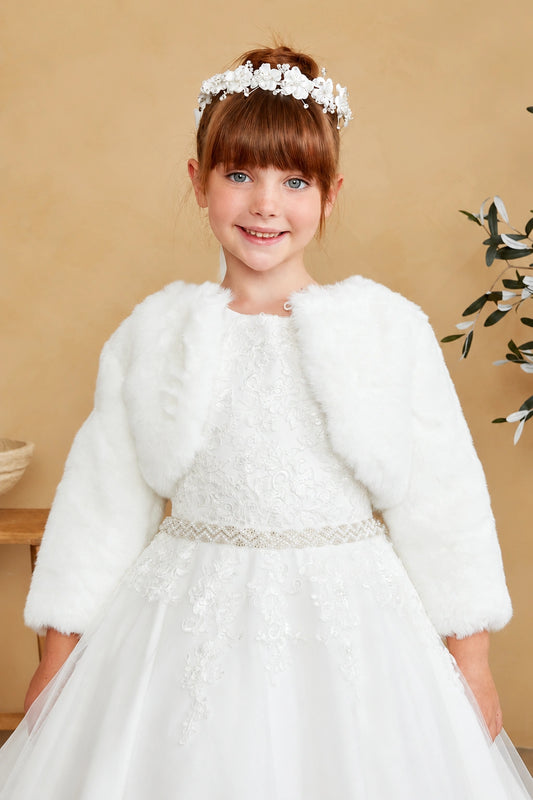Off-White faux fur flower girl bolero jacket with three-quarter sleeves.