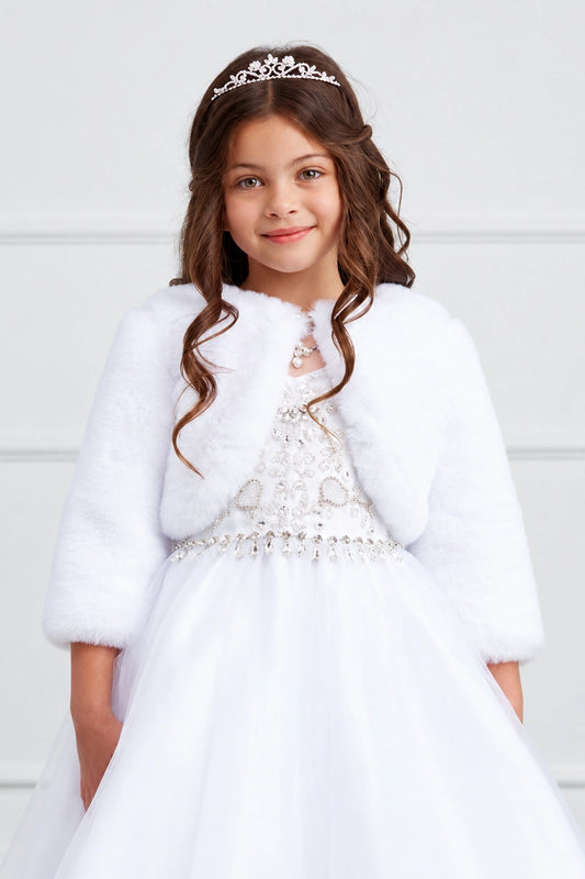 White faux fur flower girl bolero jacket with three-quarter sleeves.