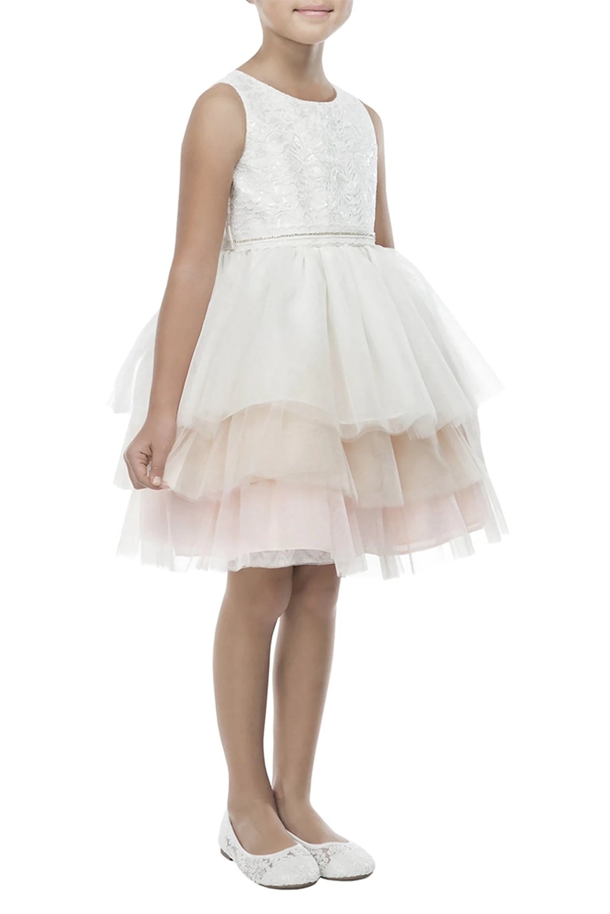 White lace top flower girl dress with a ivory beige blush combined tulle skirt.