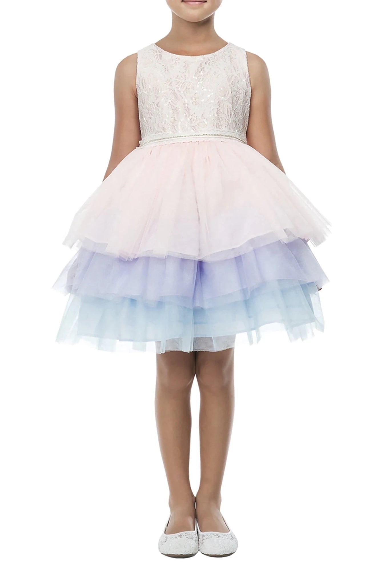 A white lace top and pastel multicolor skirt. Flower girl dress.