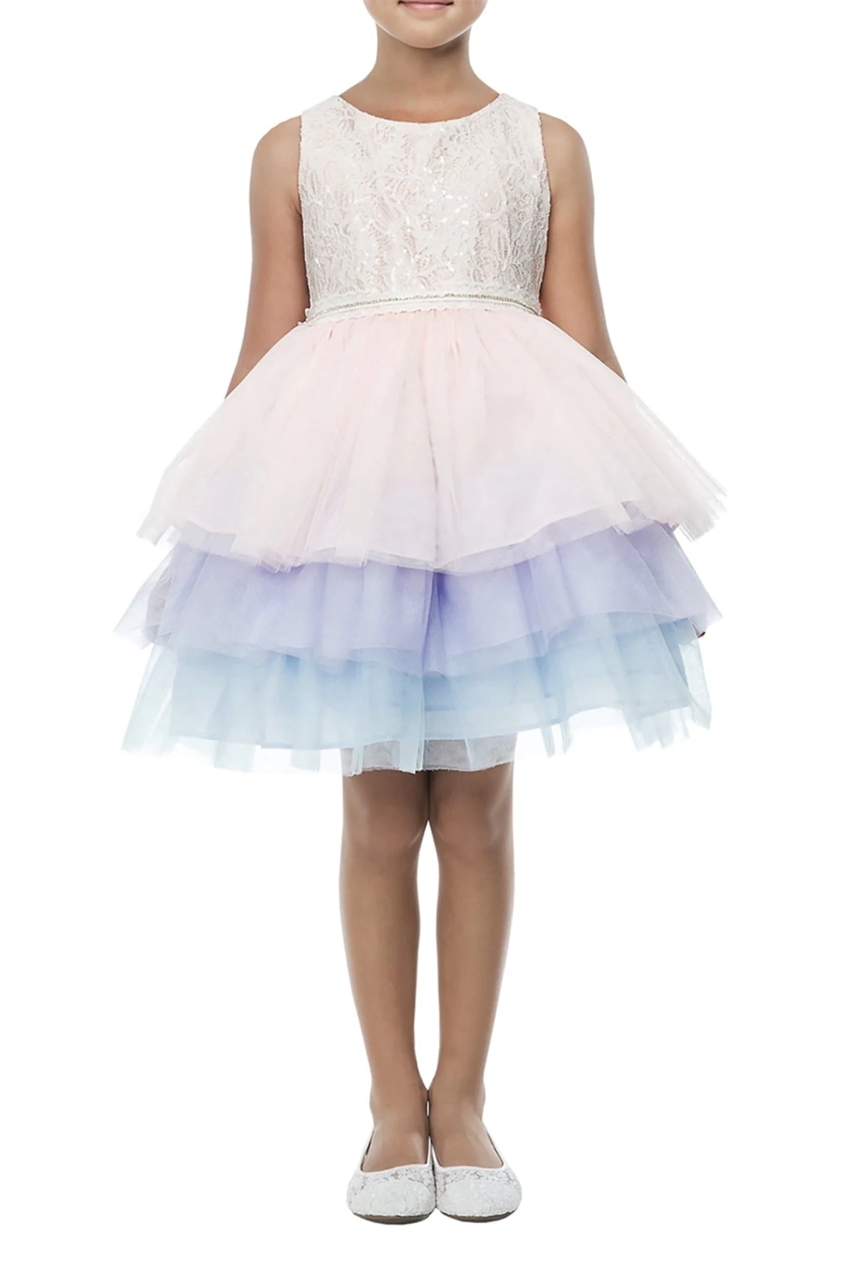 A white lace top and pastel multicolor skirt. Flower girl dress.