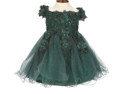 Hunter Green Off the shoulder Embedded 3D Floral & Rhinestones Sparkling Glitter Tulle Flower Girl Dress - front view of dress