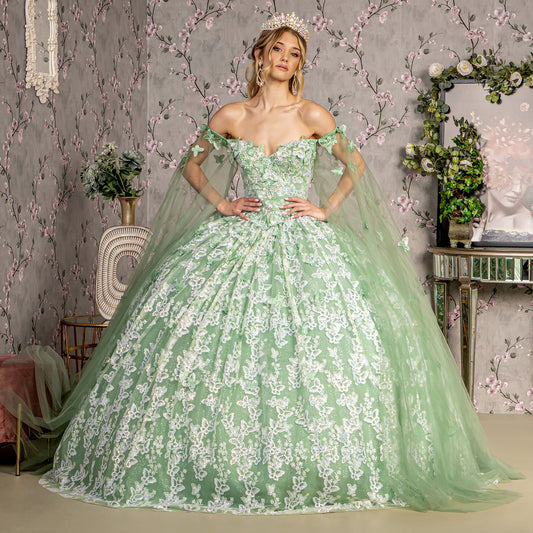 Quinceañera | Sage Jewel 3D Butterfly Mesh Quince Dress with Long Sheer Sleeve Sweet 15 | Plus Size Available | Odalys dress front view