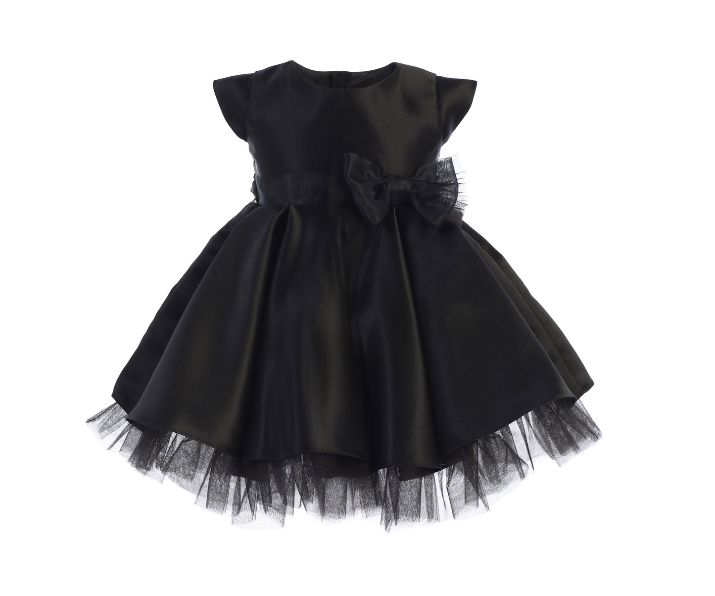 Full Pleated Satin and Crystal Tulle Dress with Detachable oversized organza tulle bow Flower Girl Dress - view of black dress with bow