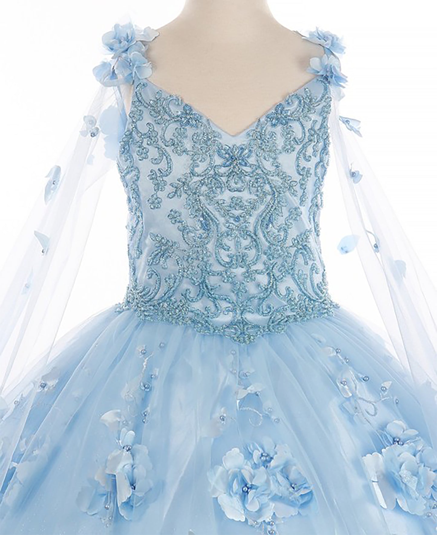 Mini Quince | Blue 3D Flower, Stone and Pearl 3 Anos Mini Quinceanera Dress with Detachable Cape | Harper dress | 4 Colors front zoom