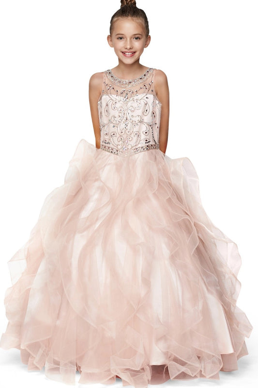 A Blush kids dress with beaded bodice above cascading ruffles.
