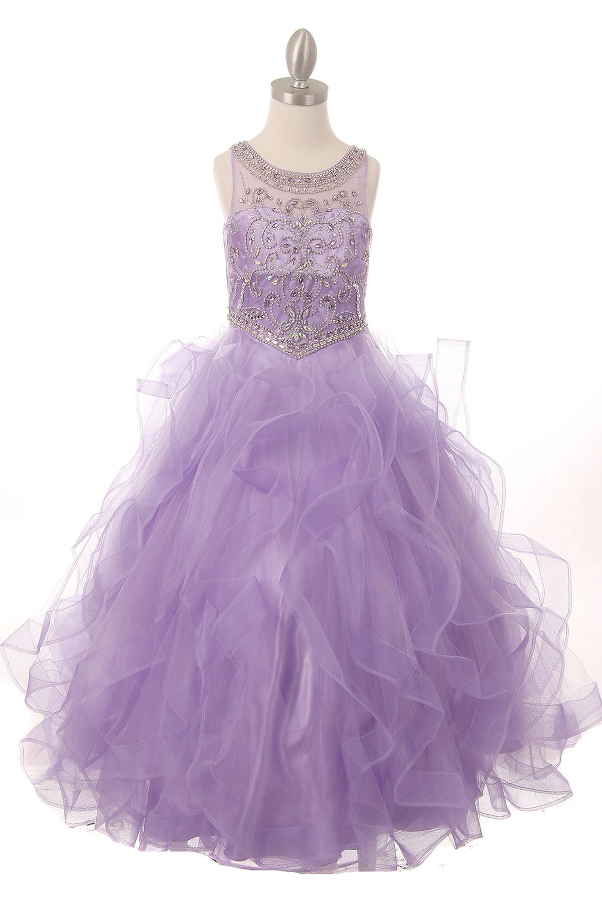 A Lilac kids dress with beaded sleeveless bodice and ruffled skirt.