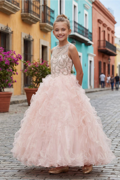 A Blush kids dress with beaded bodice and full ruffled skirt.