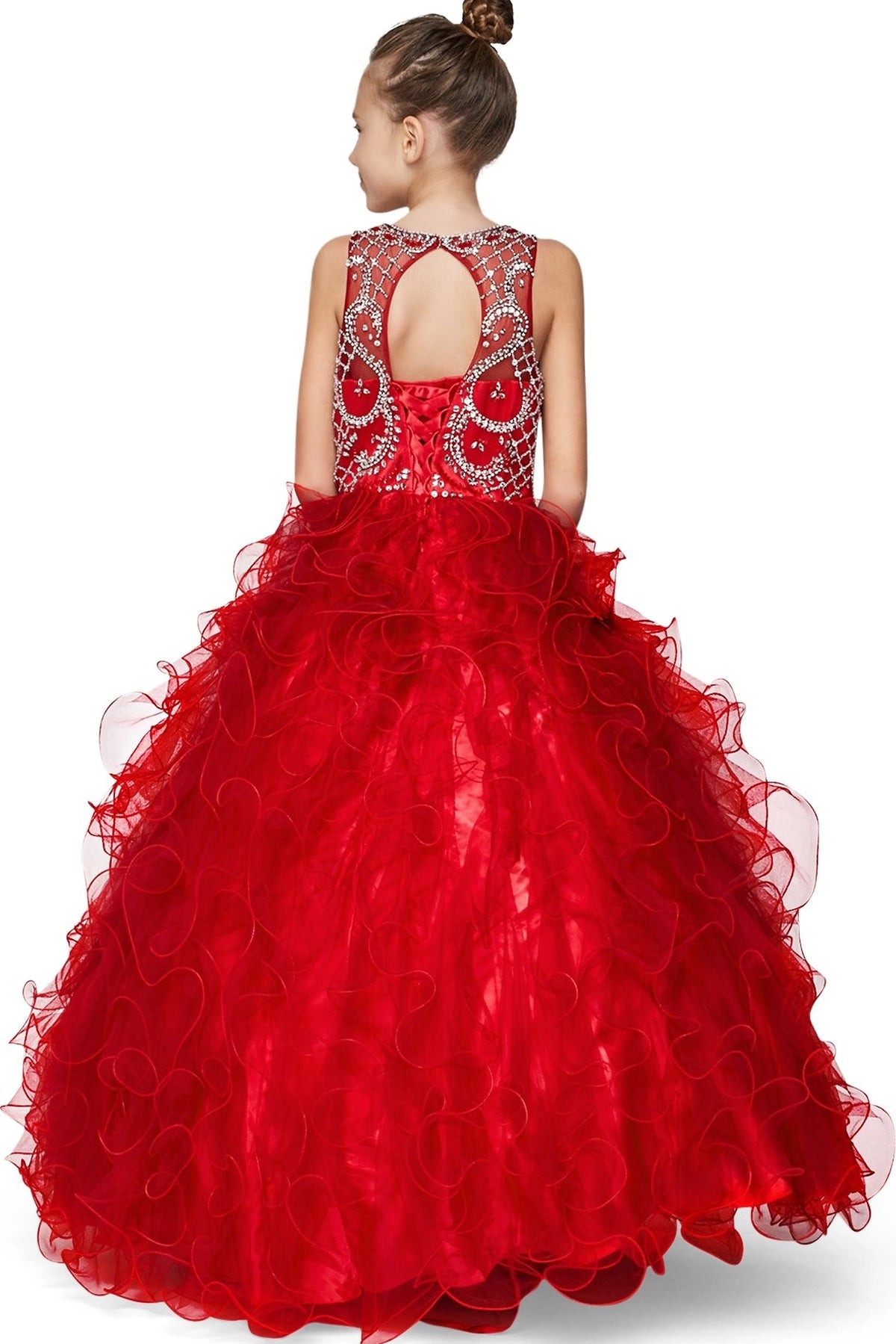 Back detailing on this Burgundy kids dress shows a keyhole opening and tiered organza ruffles.