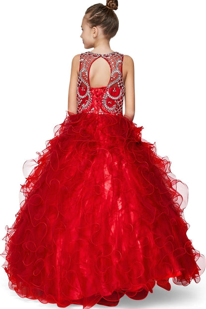 Back detailing on this Burgundy kids dress shows a keyhole opening and tiered organza ruffles.