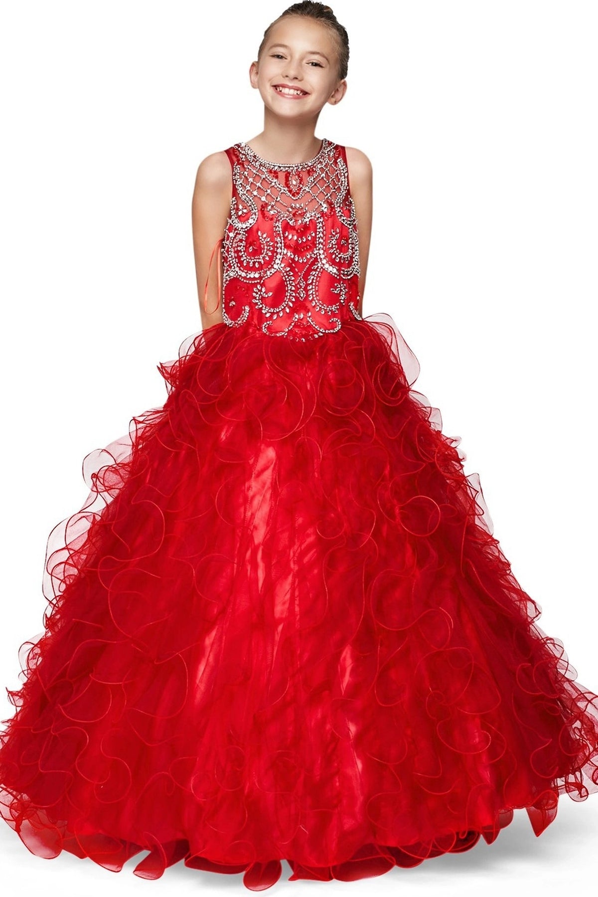 A Burgundy kids dress with rhinestone scrollwork and tiered ruffles.