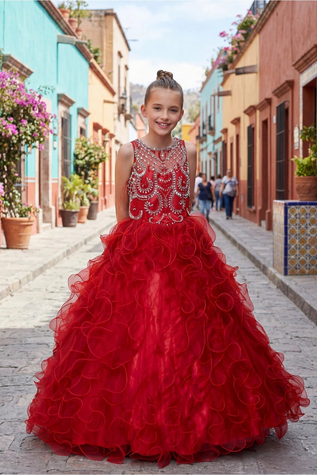 Highlighting beaded bodice and organza ruffles on the Burgundy kids dress.