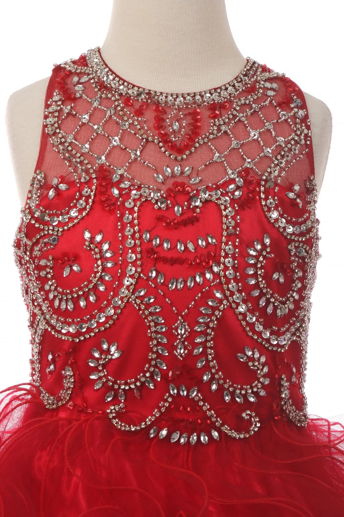 Featuring rhinestone scrollwork across the bodice, this is a Burgundy kids dress.