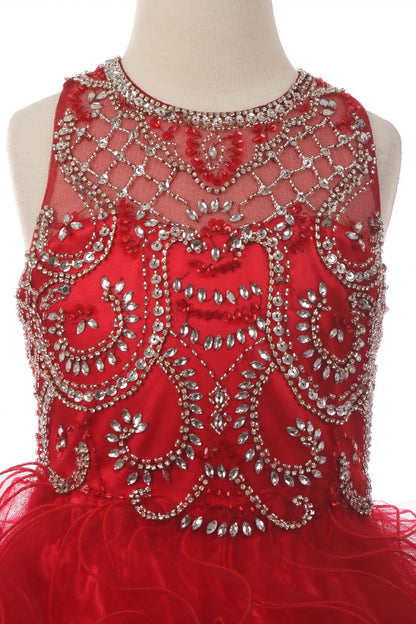Featuring rhinestone scrollwork across the bodice, this is a Burgundy kids dress.