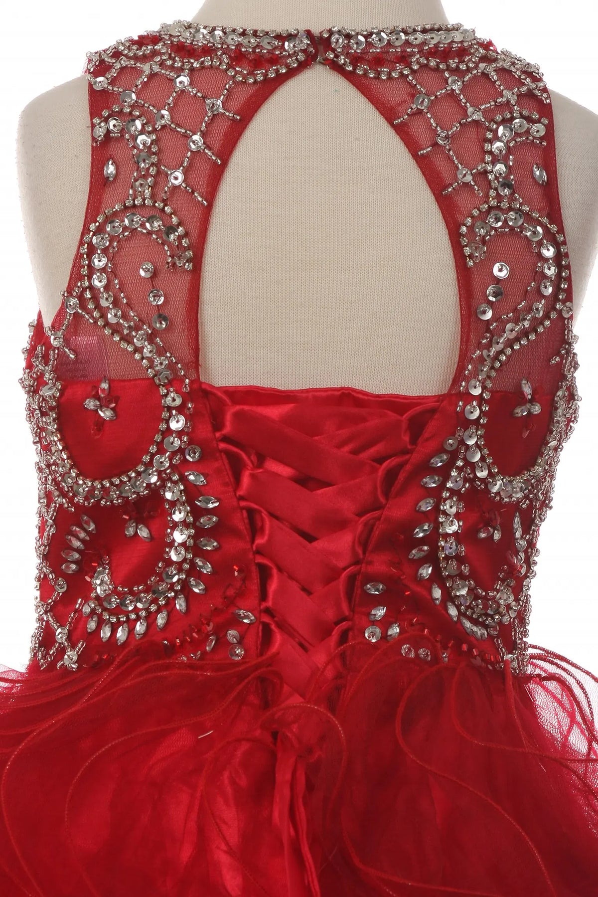 Visible lace-up closure beneath a keyhole back distinguish this Burgundy kids dress.