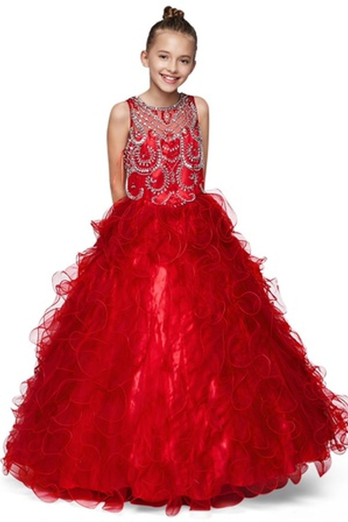 Design details on the Burgundy kids dress include ruffled skirt below an embellished bodice.
