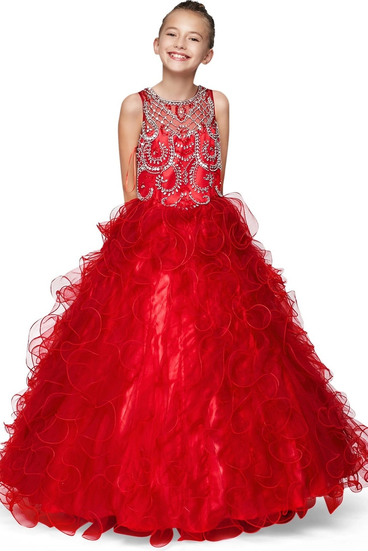 Details of the Burgundy kids dress show rhinestone scrollwork and tiered ruffles.
