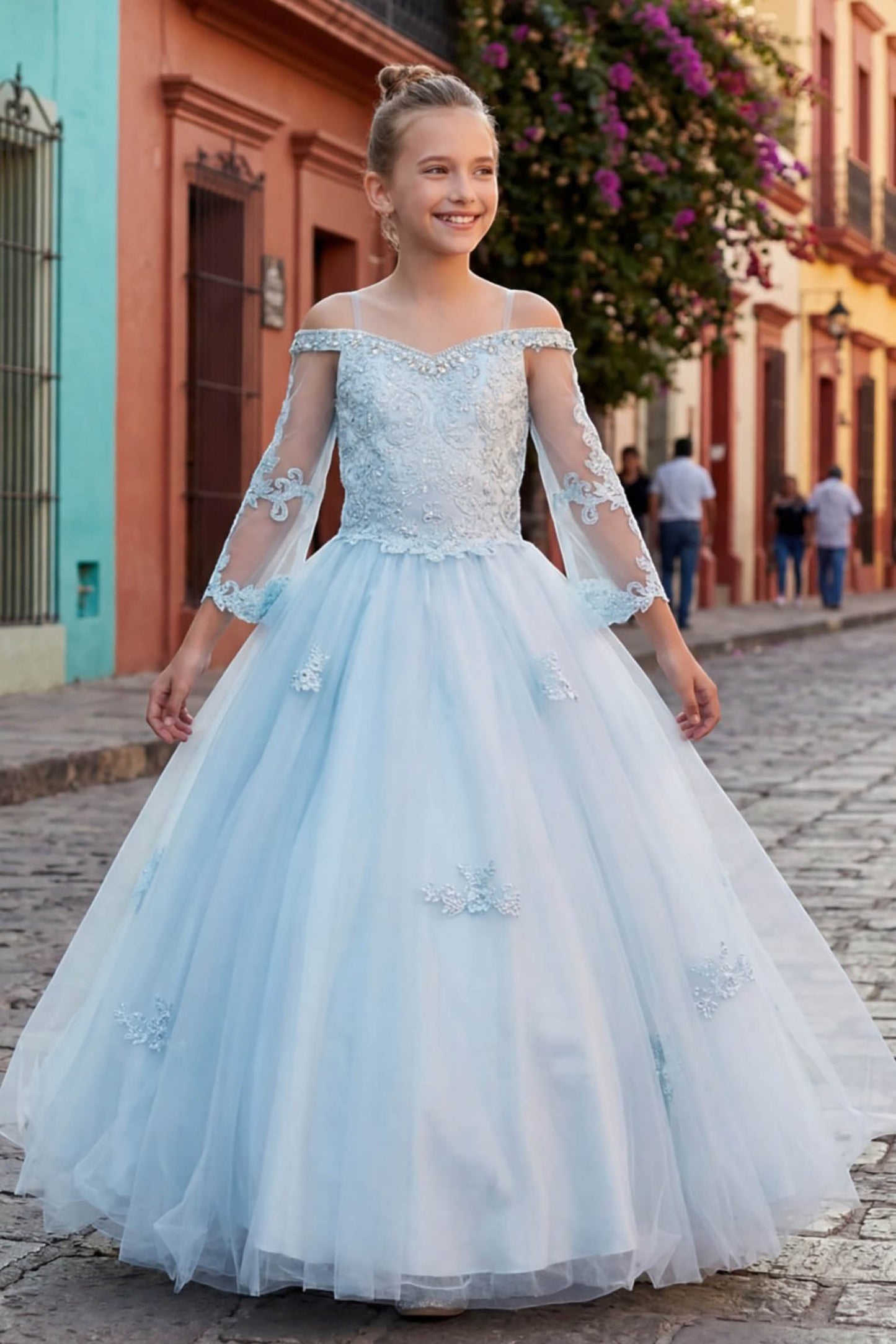 blue mini quince tulle dress with lace sheer long sleeves and floral embroidery.