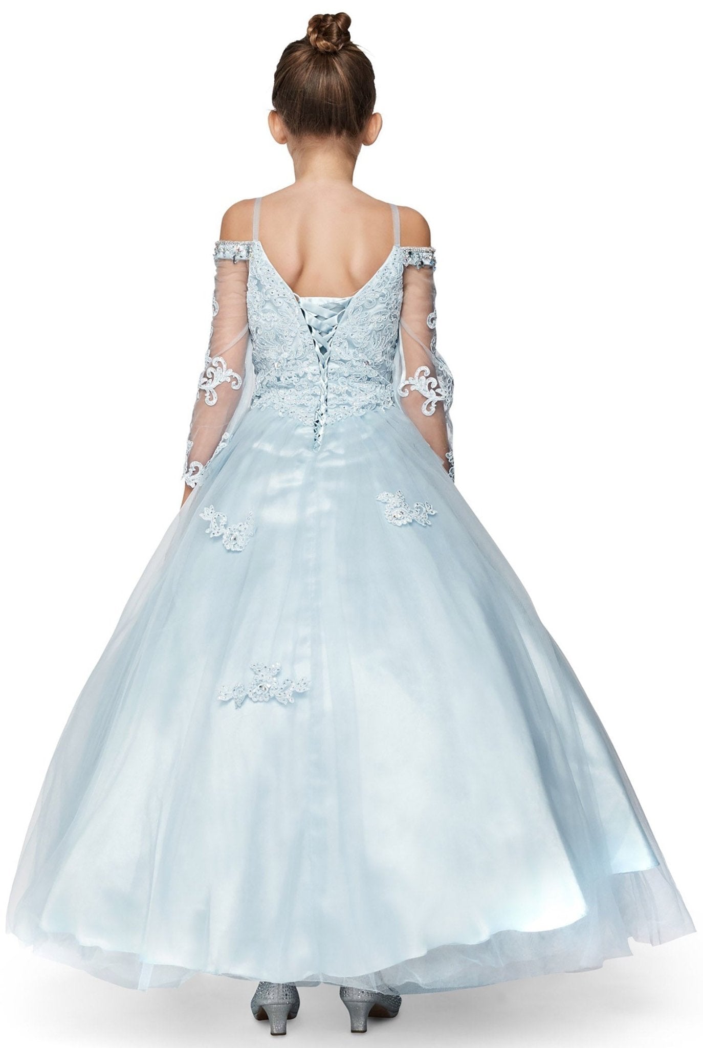 blue mini quince tulle dress with adjustable lace up back design