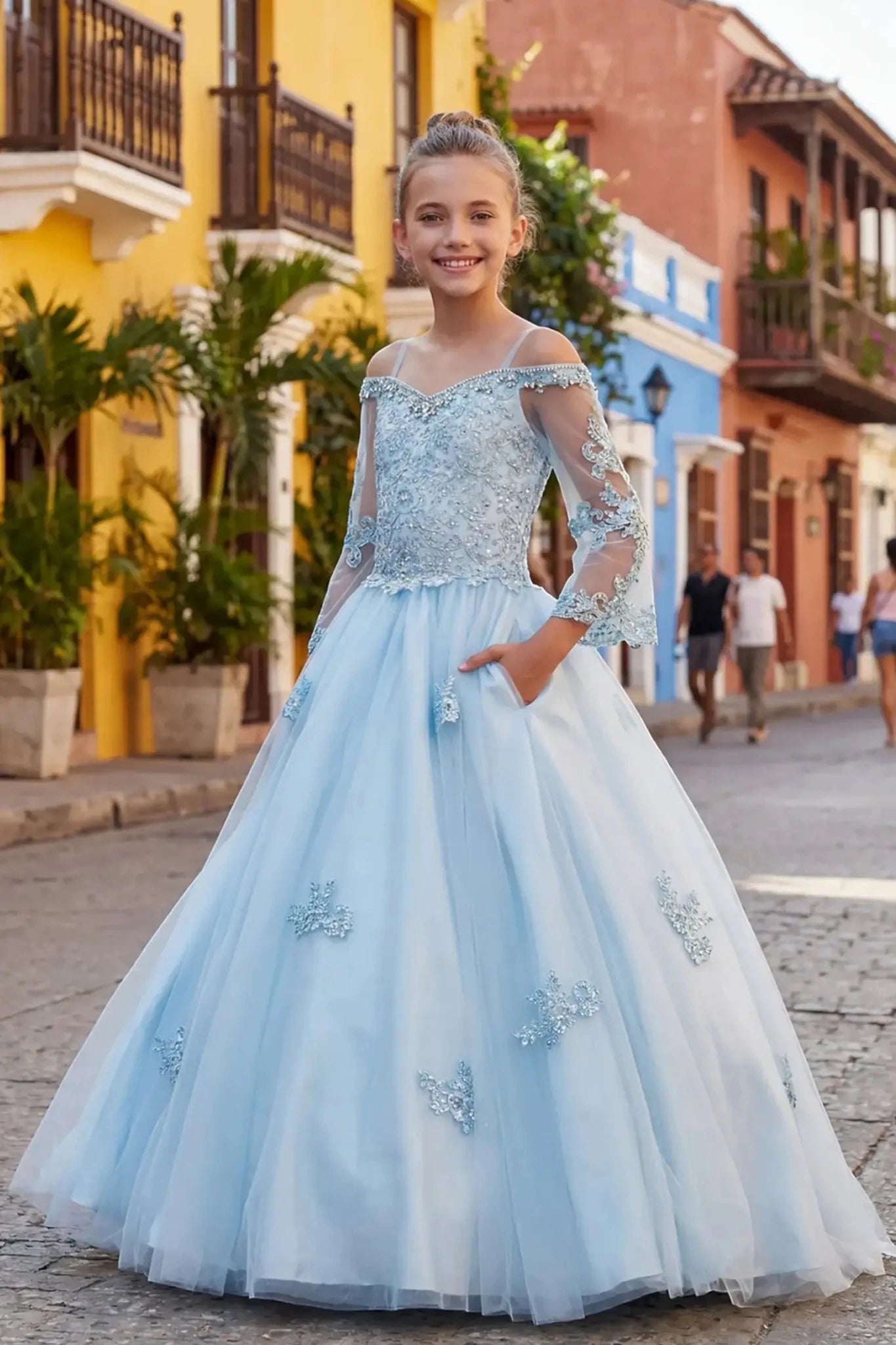 blue mini quince ball gown with off the shoulder and embroidered sheer long sleeves 