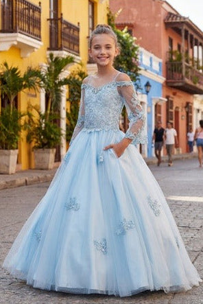blue mini quince ball gown with off the shoulder and embroidered sheer long sleeves 