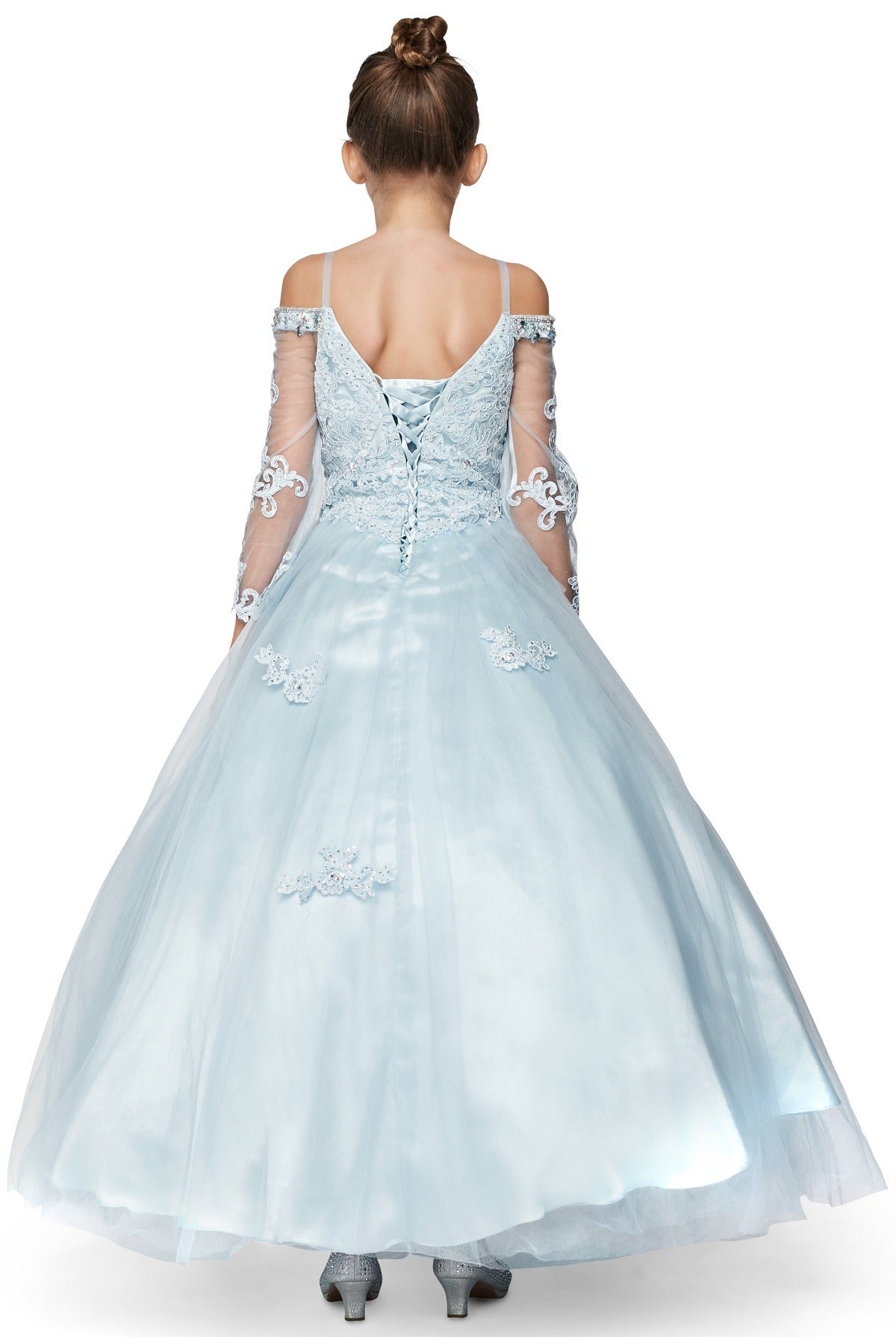 blue mini quince tulle dress with adjustable lace up back design