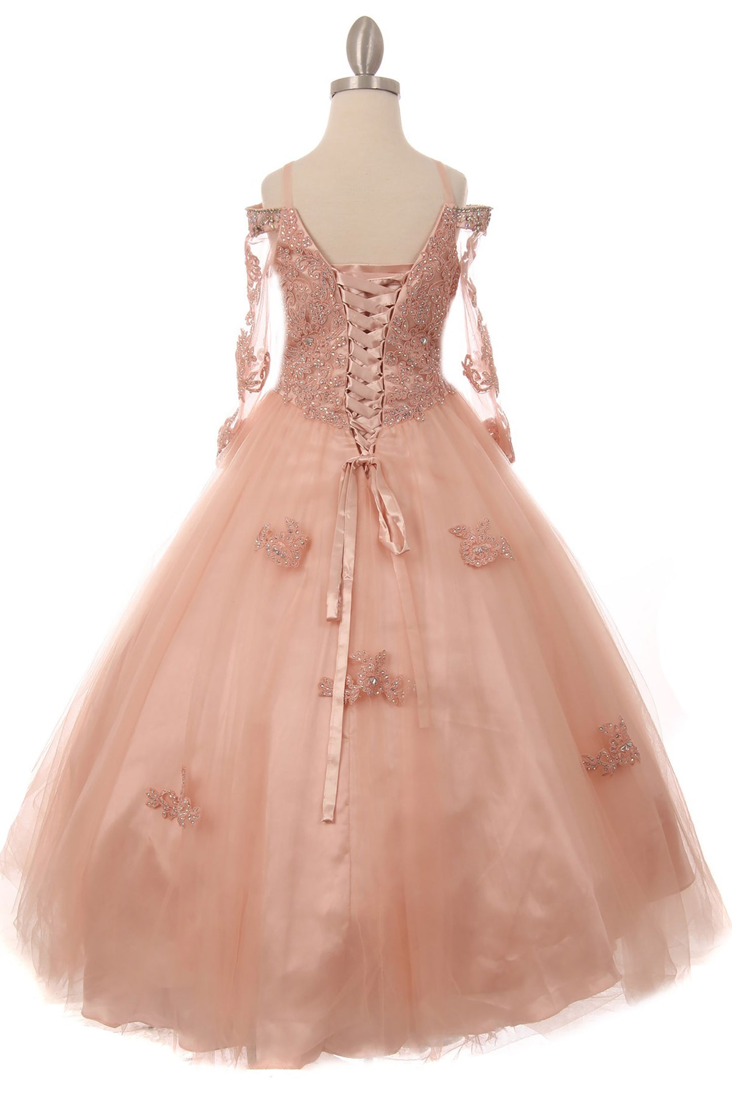 Back view of a blush kids mini quinceanera dress with lace-up corset and rhinestone lace appliques