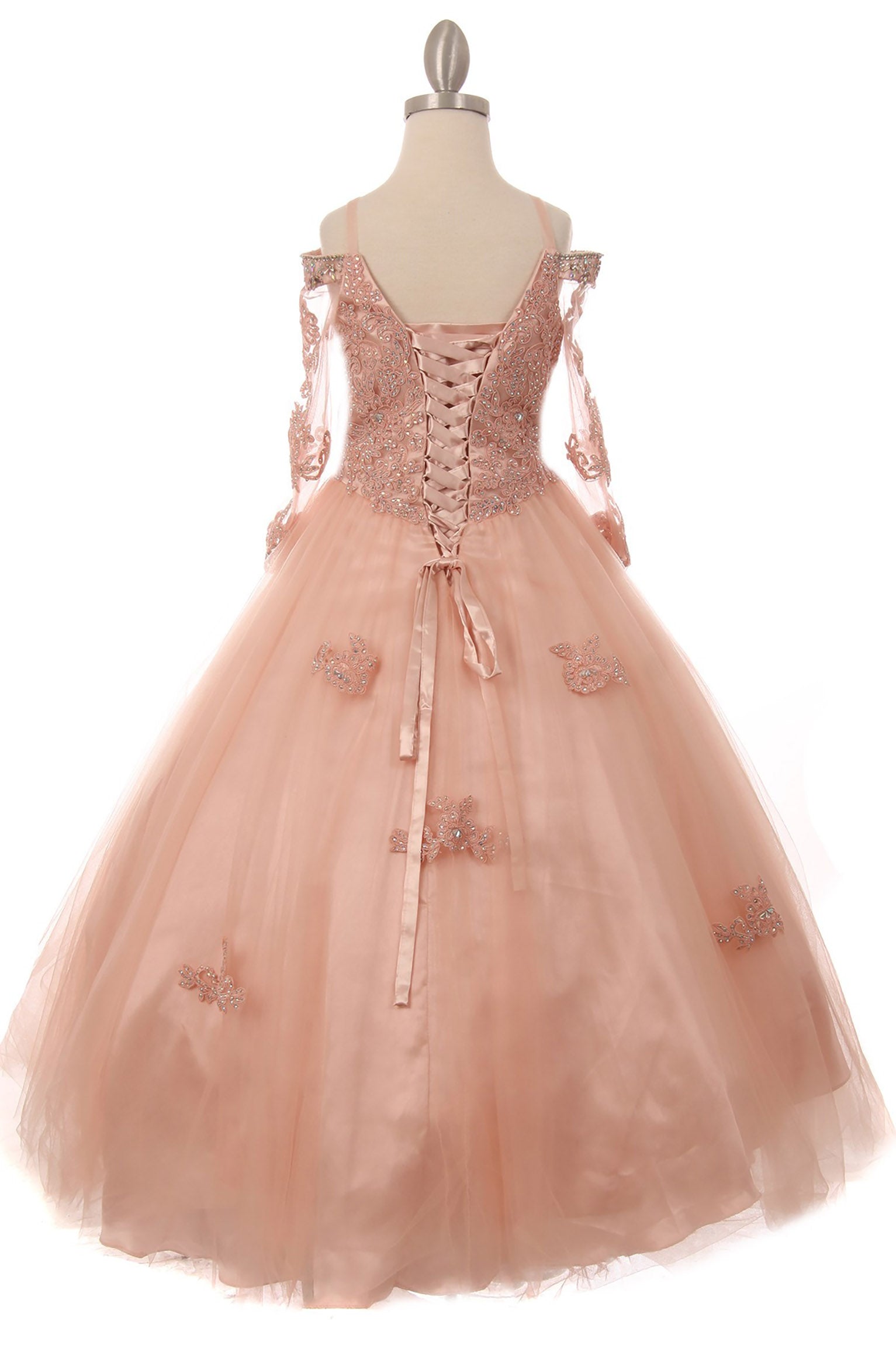 Back view of a blush kids mini quinceanera dress with lace-up corset and rhinestone lace appliques