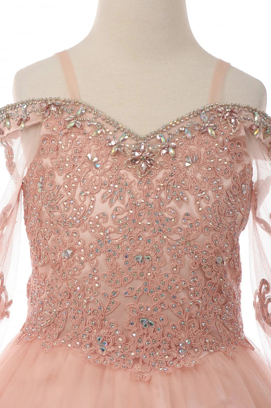 Rhinestones detail of a blush kids mini quinceanera dress with AB stones glitter tulle fabric and scattered floral appliques