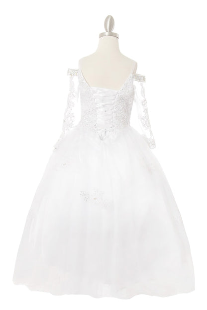 Back view of a white kids mini quinceanera dress with lace-up corset and rhinestone lace appliques
