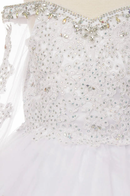 Rhinestones detail of a white kids mini quinceanera dress with AB stones glitter tulle fabric and scattered floral appliques