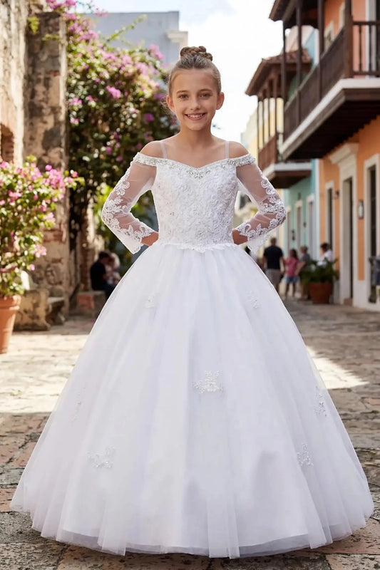 Front view of a white kids mini quinceanera mini quince dress with off-shoulder rhinestone lace appliques, sheer long sleeves, and tulle skirt.