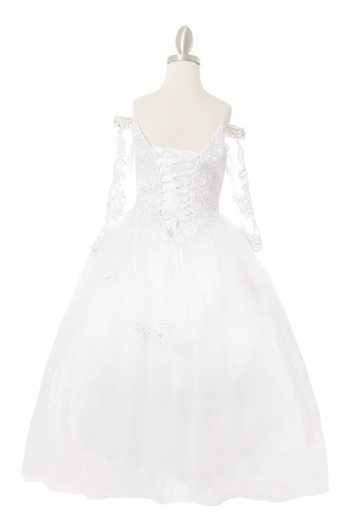Back view of a white kids mini quinceanera mini quince dress with lace-up corset and rhinestone lace appliques.