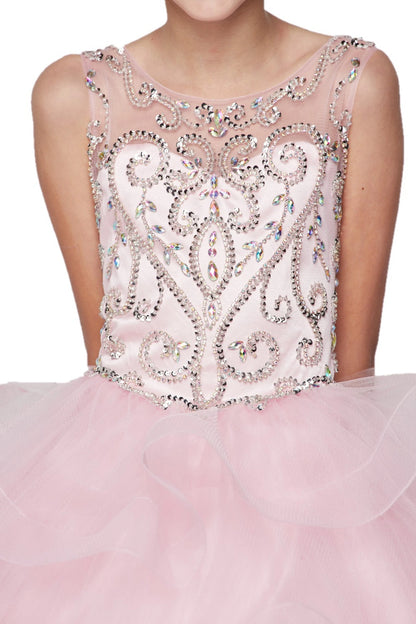 A Pink kids dress with rhinestone swirls across the bodice.