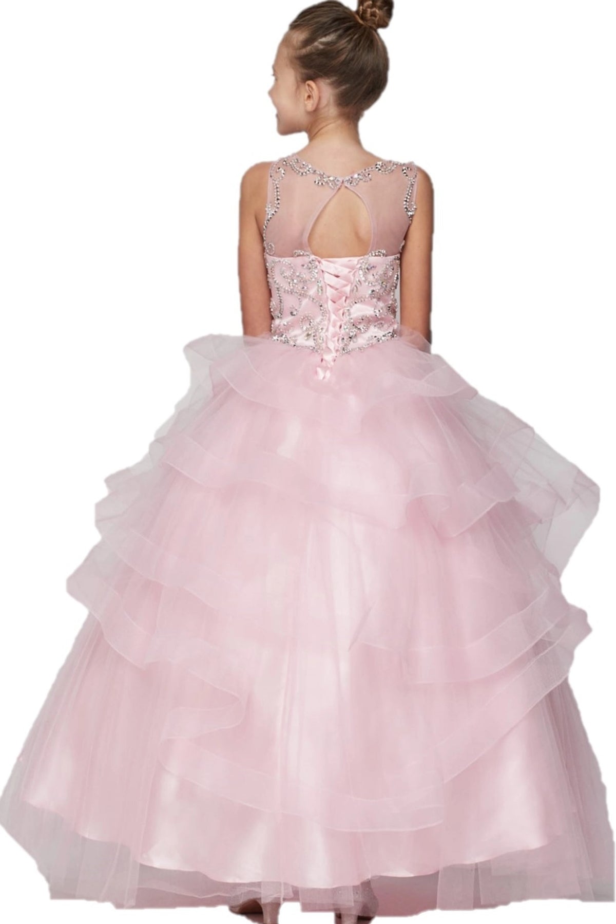 Featuring beaded back above layered ruffles, this is a Pink kids dress.