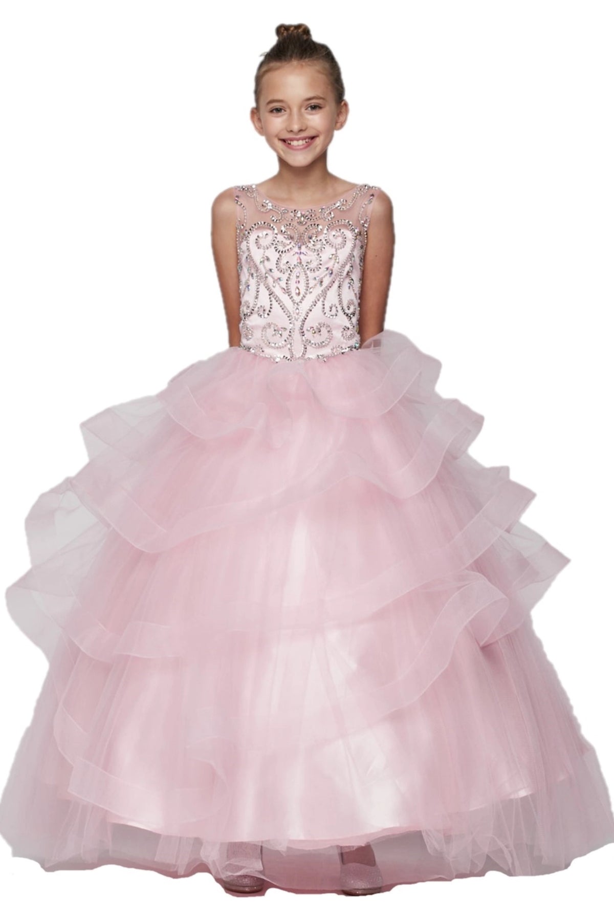 Details of the Pink kids dress show sleeveless bodice and tiered ruffles.