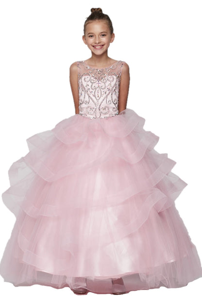 Details of the Pink kids dress show sleeveless bodice and tiered ruffles.