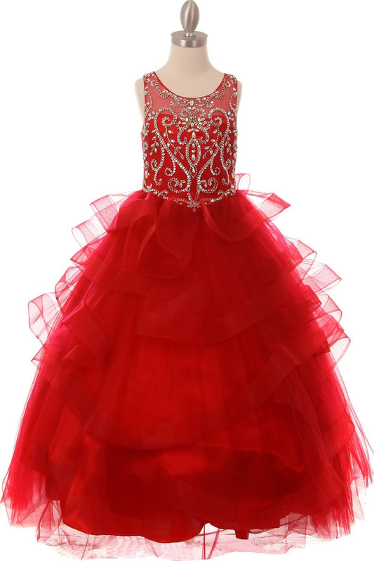Design details on the Red kids dress include embellished scoop-neck bodice and tiered skirt.