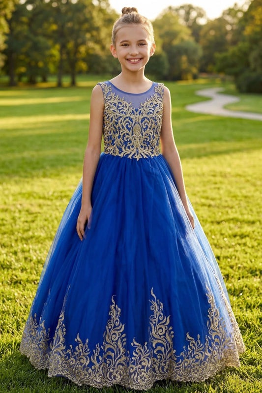 A Royal Blue kids dress with gold embroidered bodice and patterned hem.